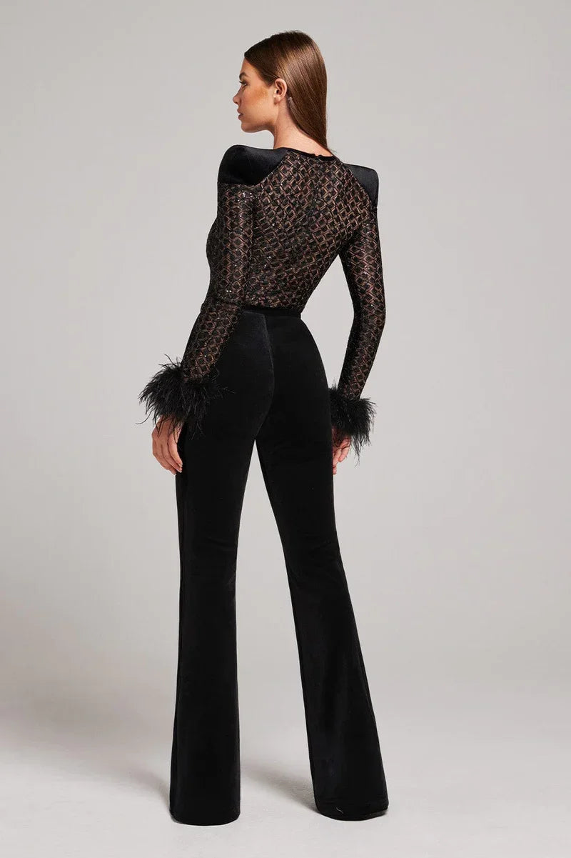 Glitzernder Jumpsuit Mit Federn Party Outfit Frauen