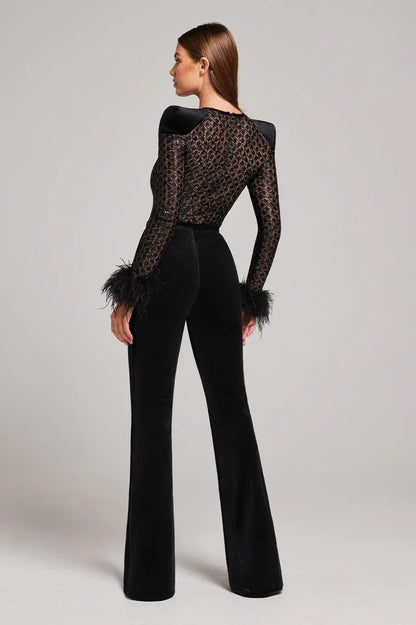 Glitzernder Jumpsuit Mit Federn Party Outfit Frauen