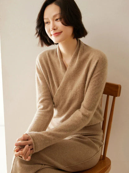Damen Wickelpullover Elegantes Überkreuzdesign Modern