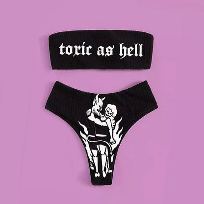 Gothic Badeanzug Frauen Totenkopf Druck Bikini Set Schwarz