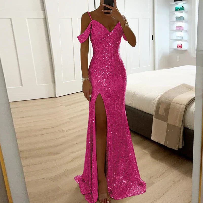 Schulterfreies Pailletten Abendkleid Elegant Damen