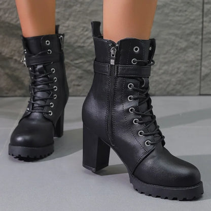 Damen Stiefeletten Schnürstiefeletten mit Schnalle Schwarz