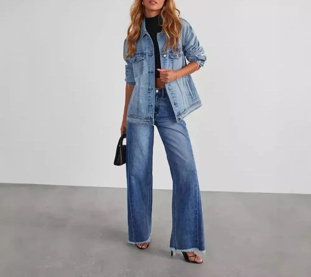 Damen Jeans Weitbein Grau Raw Hem Damenschuhe
