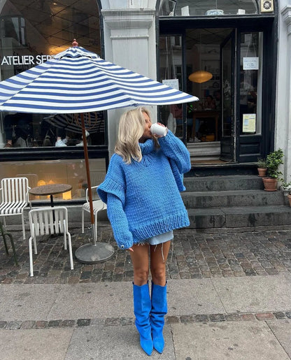 Damen Strickpullover Oversize Rollkragen Grobstrick