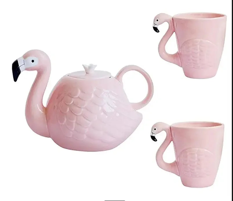 Keramik Teeset Rosa Flamingo Dekoratif Modern
