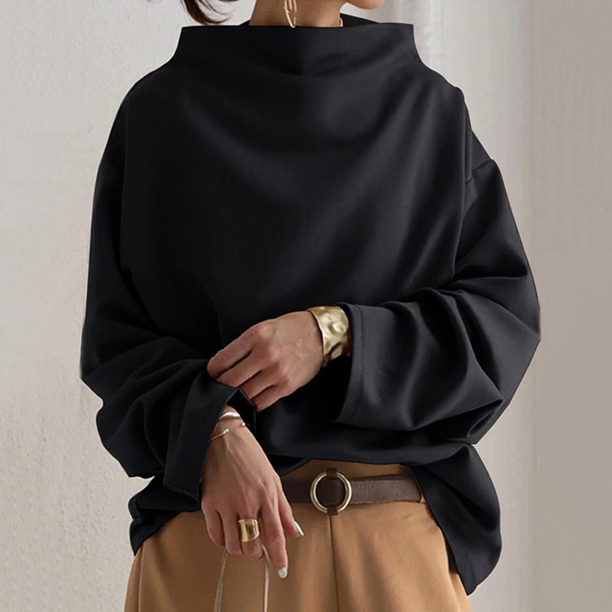 Damen Langarmshirt High Neck Elegantes Oberteil - BerlinGlamour