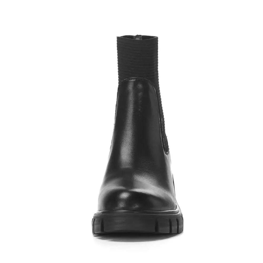 schwarze leder stiefeletten damen mit elastischem einsatz und stabiler sohle