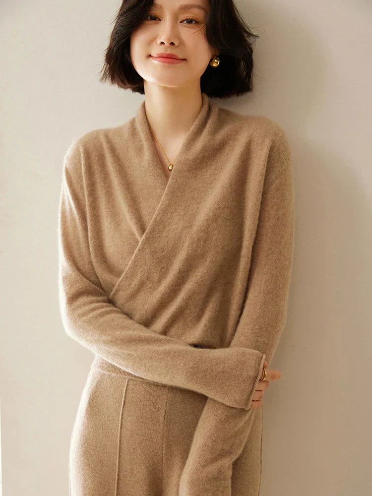 Damen Wickelpullover Elegantes Überkreuzdesign Modern