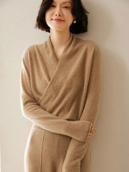 Damen Wickelpullover Elegantes Überkreuzdesign Modern
