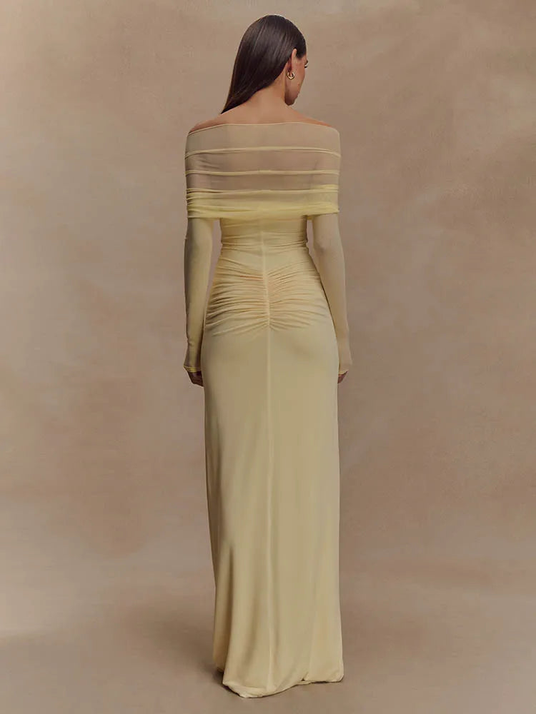 Damen Maxikleid Langärmelig Cut-Out Schulterfrei