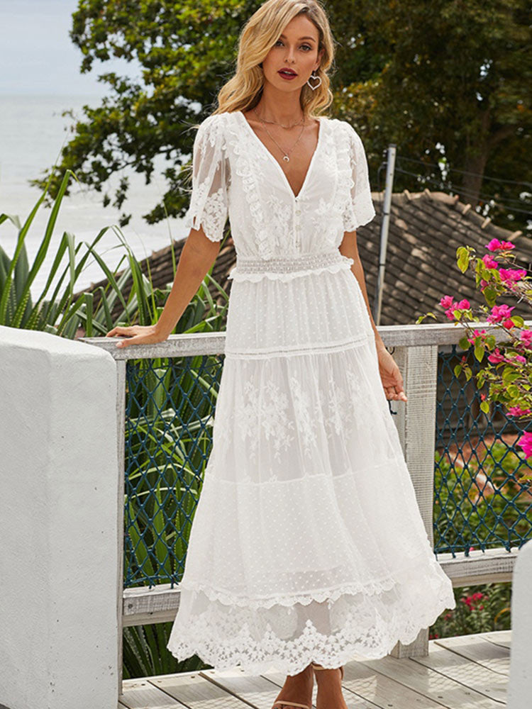 Spitzen Maxikleid Halbtransparent Cross Durchsichtig