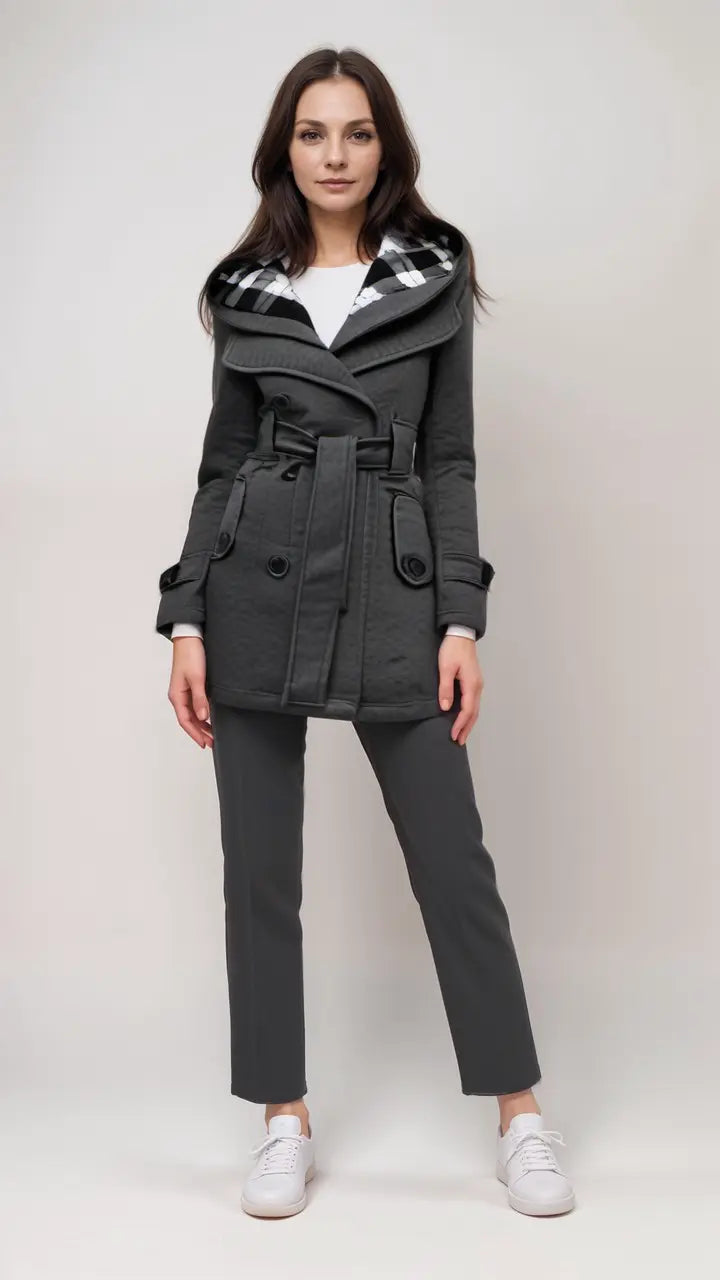 Damen Wollmantel Kariert Kapuze Schick Modern - BerlinGlamour