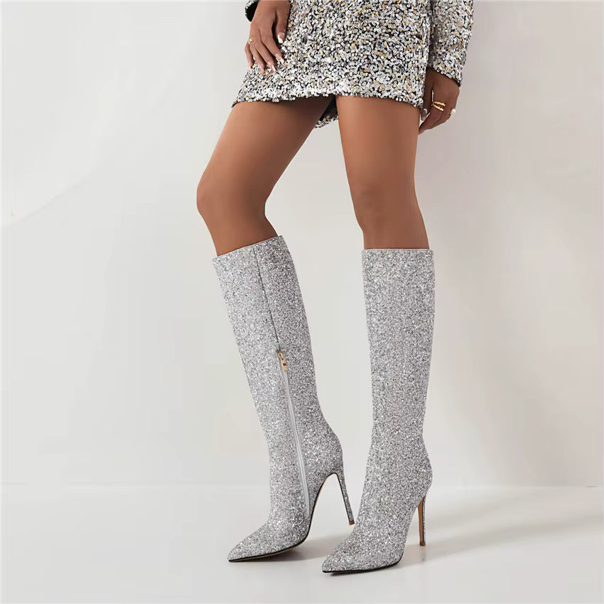 Glitzer Stiefel Kniehoch mit Stilettoabsatz und Spitze Damen