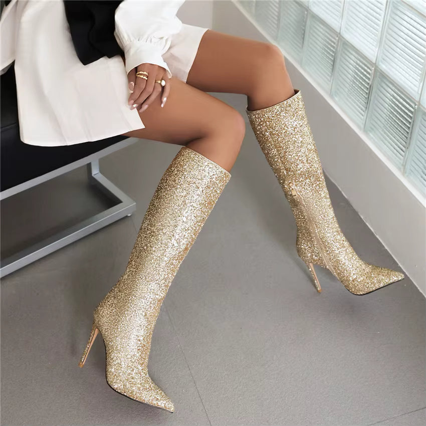 Glitzer Stiefel Kniehoch mit Stilettoabsatz und Spitze Damen