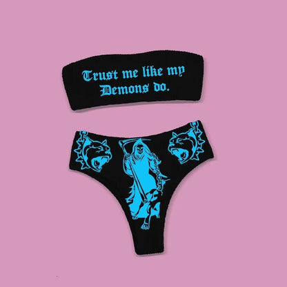 Gothic Badeanzug Frauen Totenkopf Druck Bikini Set Schwarz
