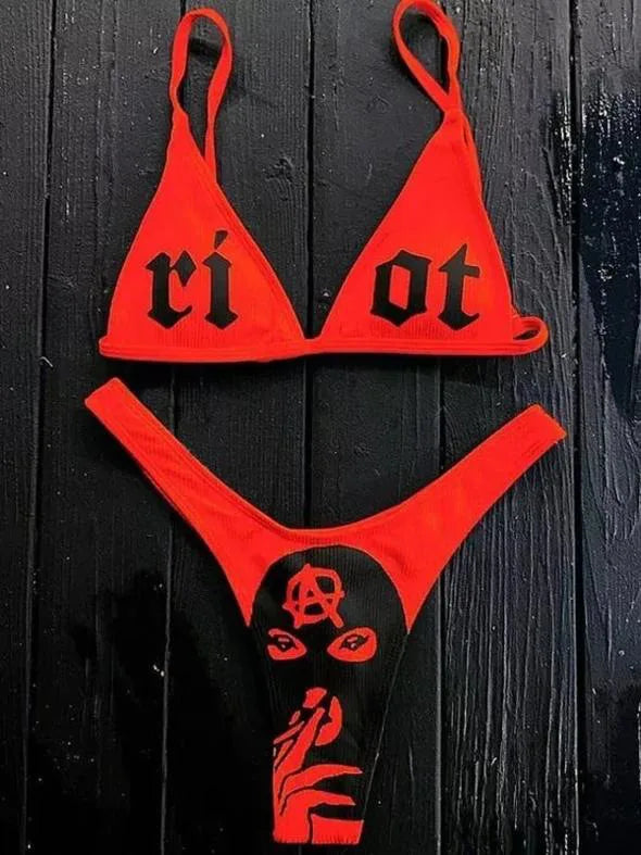 Gothic Badeanzug Frauen Totenkopf Druck Bikini Set Schwarz
