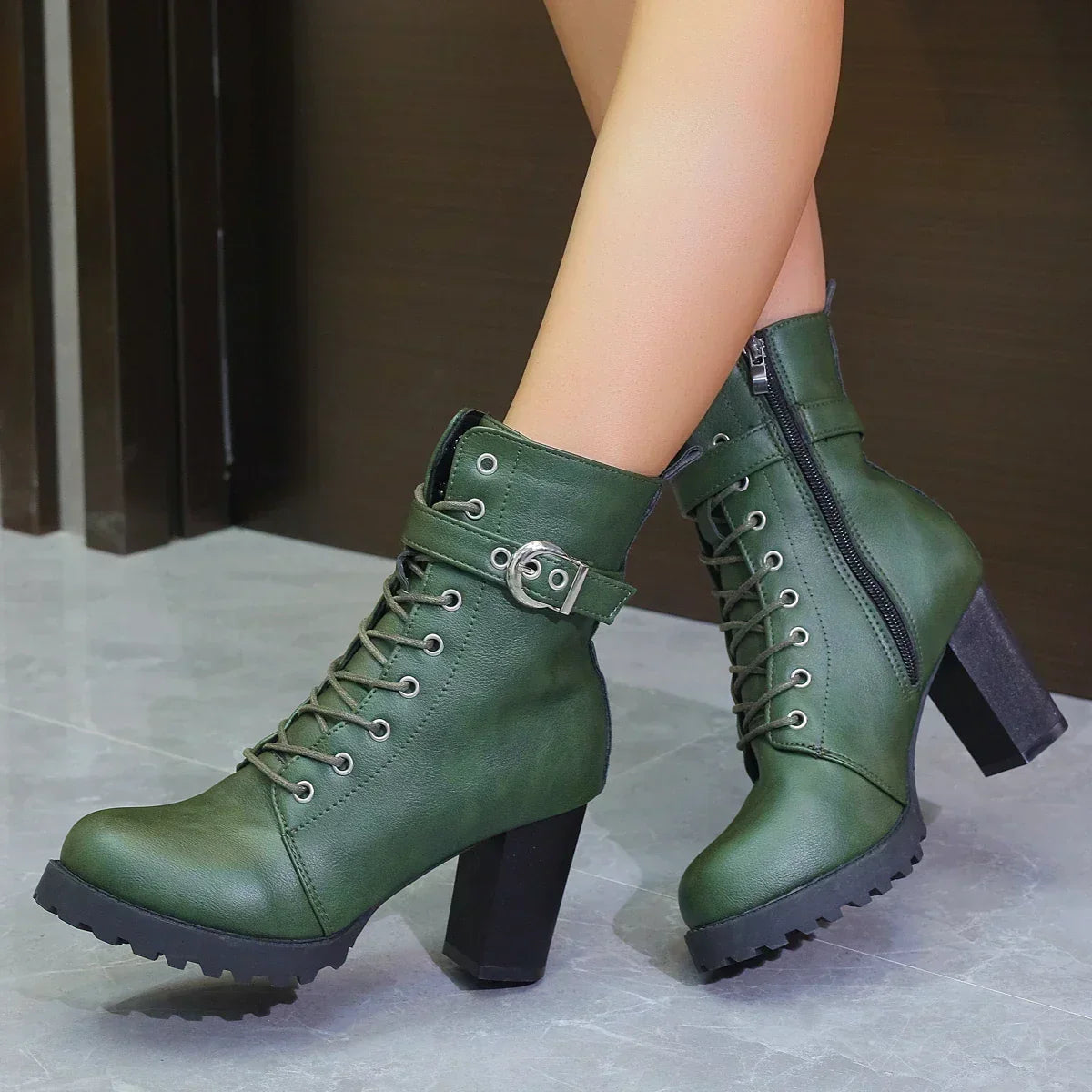 Damen Stiefeletten Schnürstiefeletten mit Schnalle Schwarz