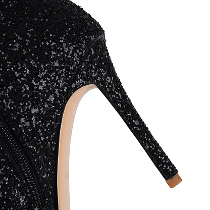 Glitzer Stiefel Kniehoch mit Stilettoabsatz und Spitze Damen