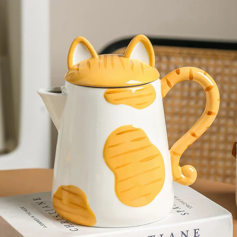 Handgefertigtes Keramik Kaffee- und Teeset Orange Katze Dekor