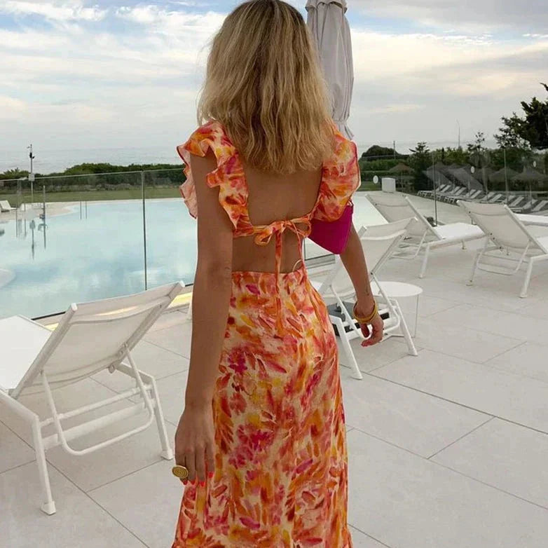 Sommer Maxikleid Blumenmuster Rüschen Damenschuhe