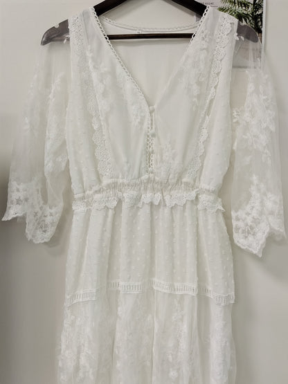 Spitzen Maxikleid Halbtransparent Cross Durchsichtig