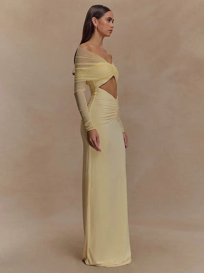 Damen Maxikleid Langärmelig Cut-Out Schulterfrei