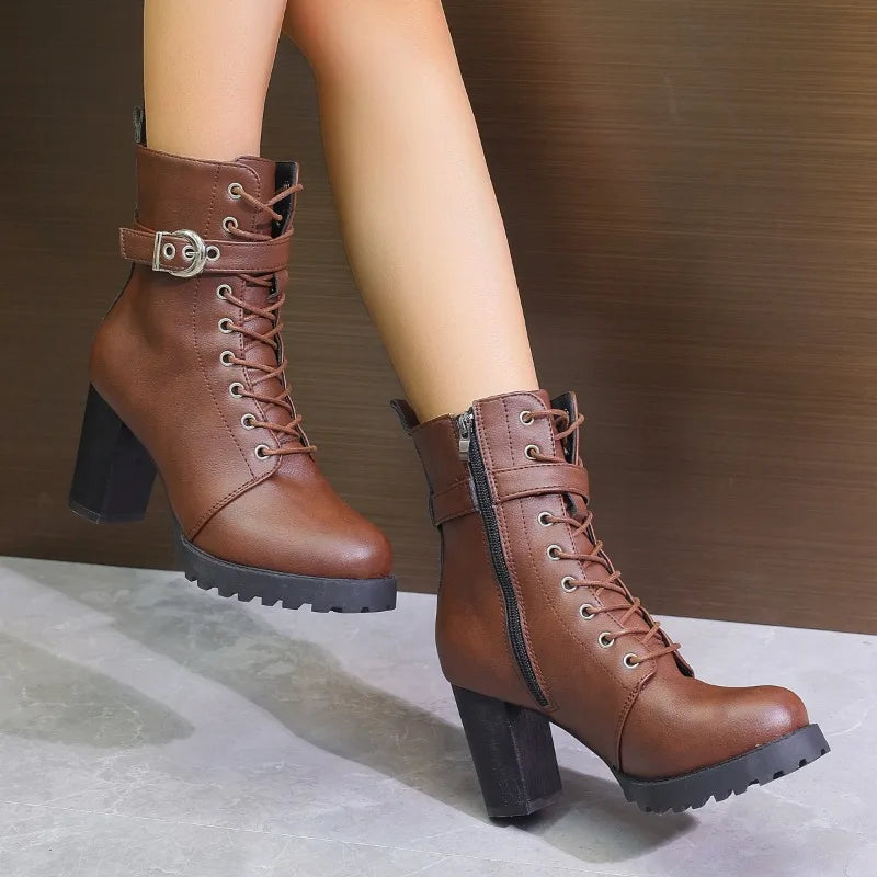 Damen Stiefeletten Schnürstiefeletten mit Schnalle Schwarz