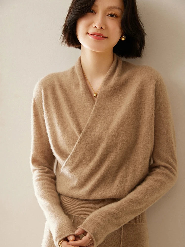 Damen Wickelpullover Elegantes Überkreuzdesign Modern