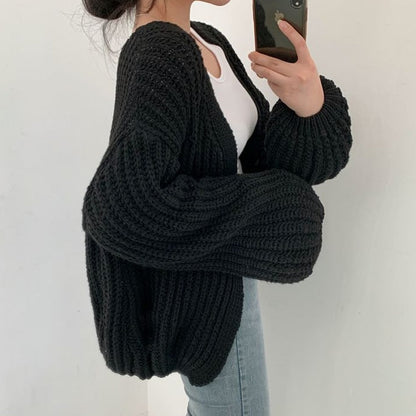Damen Strickjacke Offen Vorne Grob Gestrickt