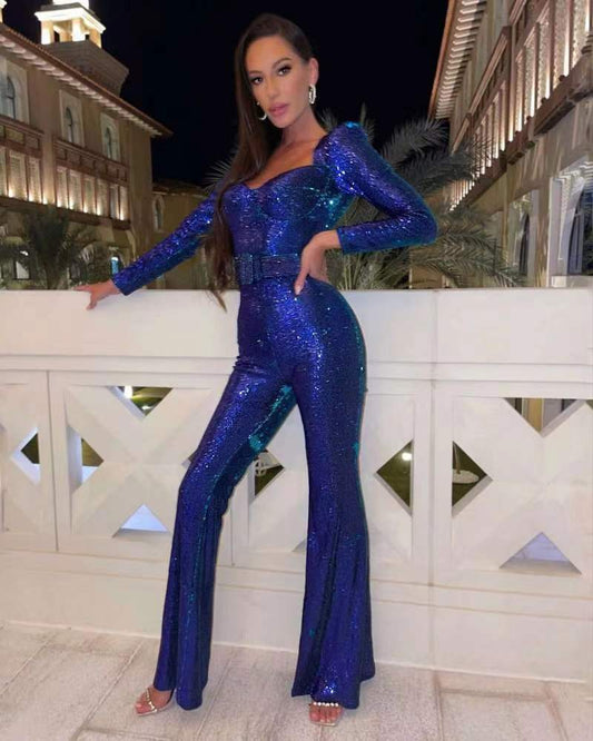 Glitzer Jumpsuit Langarm Pailletten Abendkleid - BerlinGlamour