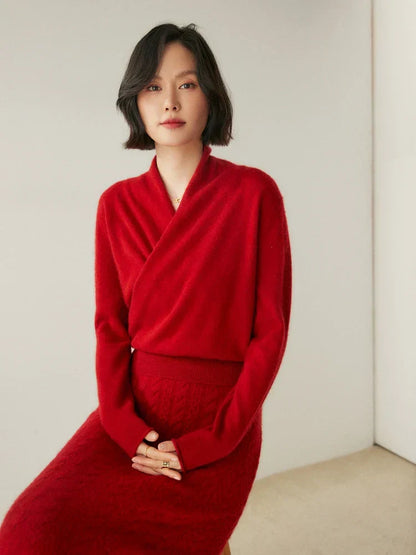 Damen Wickelpullover Elegantes Überkreuzdesign Modern