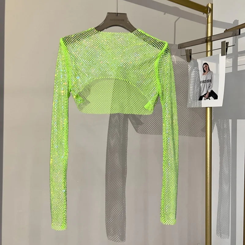Glitzerndes Langarm Netztop Diamantoptik Elegant