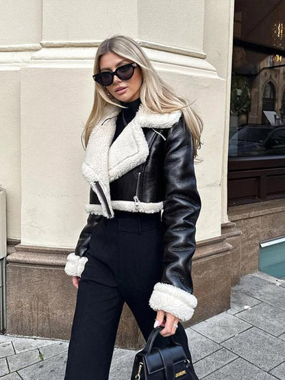 Lederjacke Damen Warm Kunstleder Schwarz - BerlinGlamour