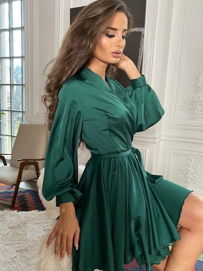 Frauen Satinkleid Langärmelig Rüschen Elegant