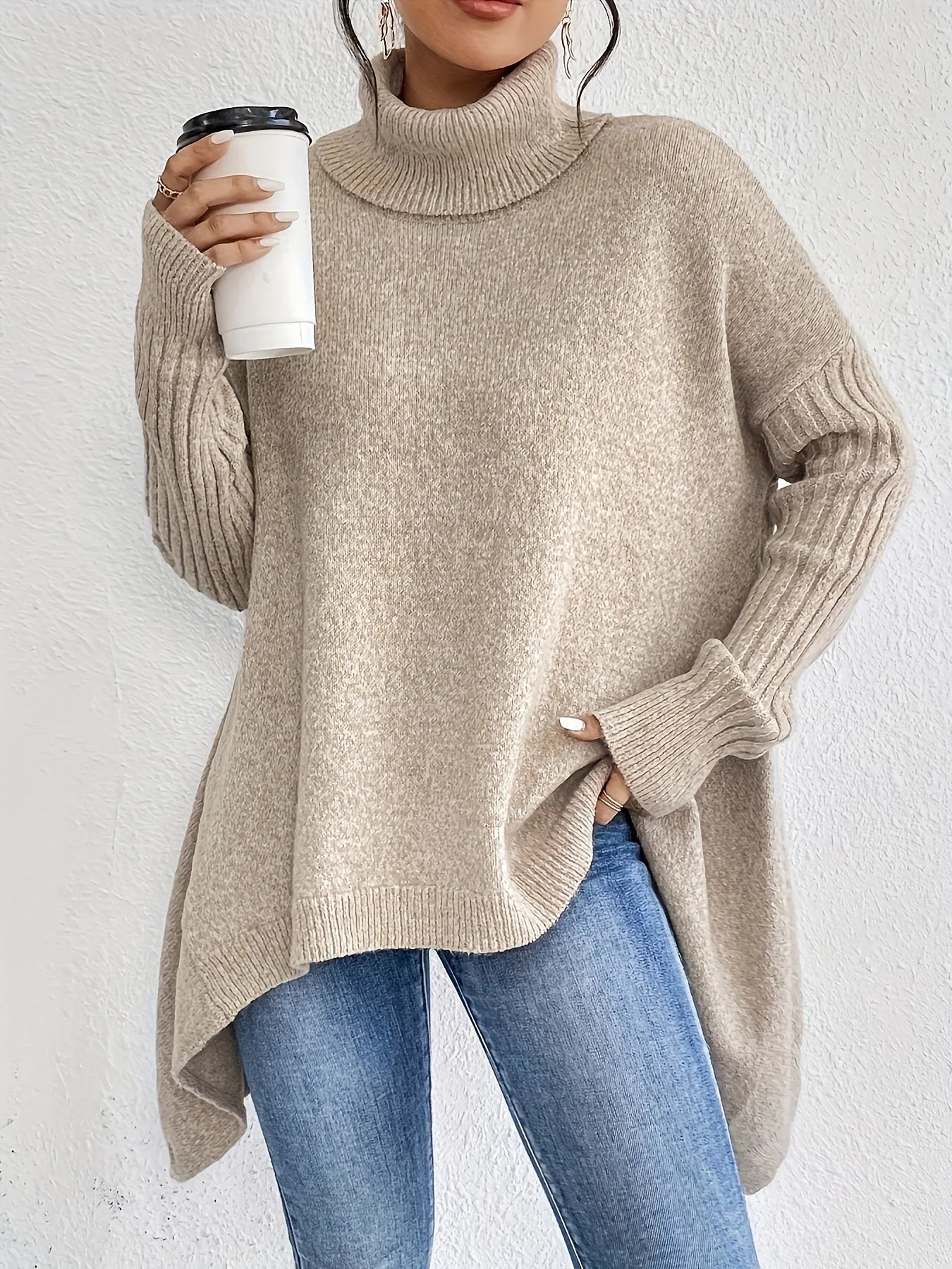 Damen Oversized Pullover Warm Hochkragen Winter