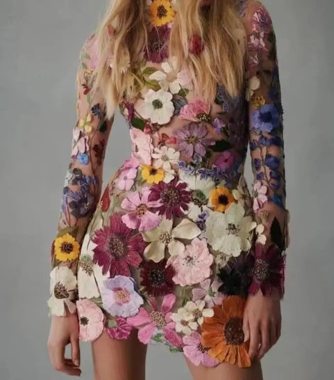 Damenkleid 3D Blumenstickerei Mesh Sommerkleid
