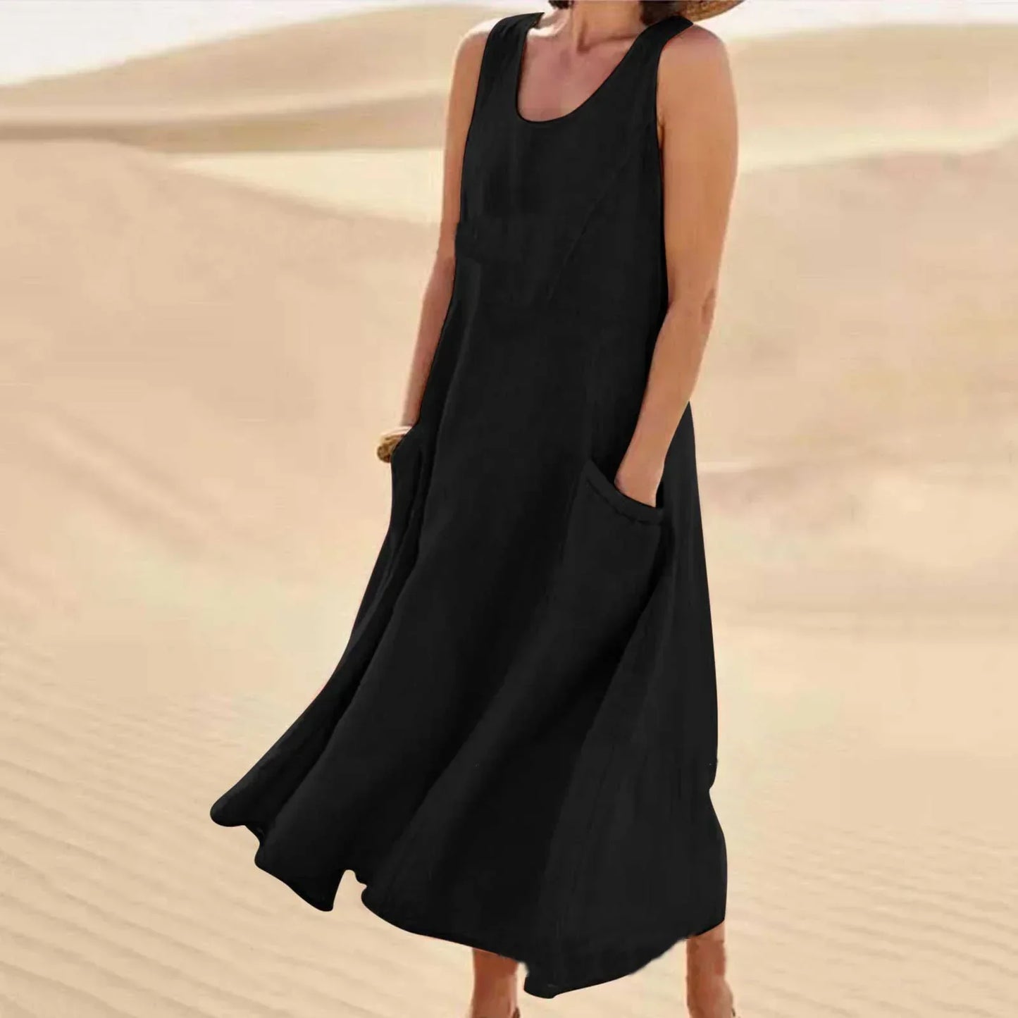 Leinenkleid Damen Ärmellos Sommerkleid mit Taschen
