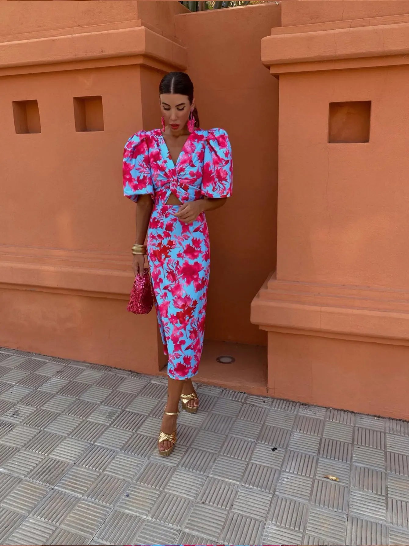 Damen Sommerkleid Bedruckt Puffärmel Midi Lang