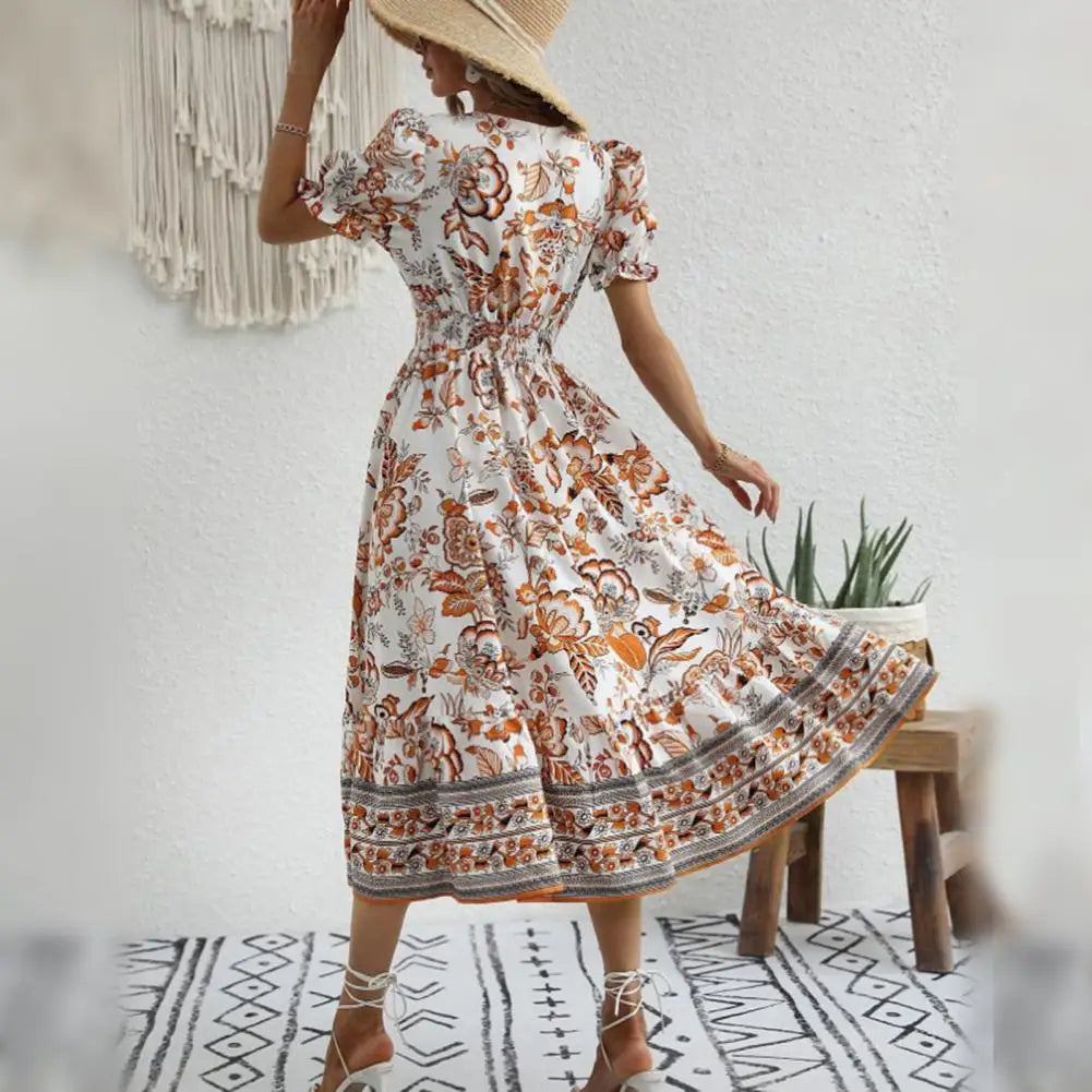 Orange Blumenkleid Elegant Sommerkleid Damen