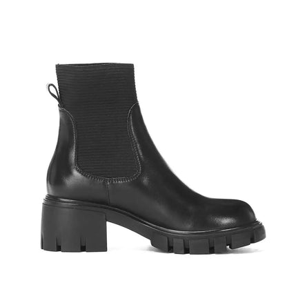 Rindsleder Stiefel Chelsea Boots mit Blockabsatz Schwarz