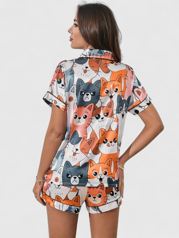 Damen Pyjama Set Katzen Motiv Kurzarm Weich - BerlinGlamour