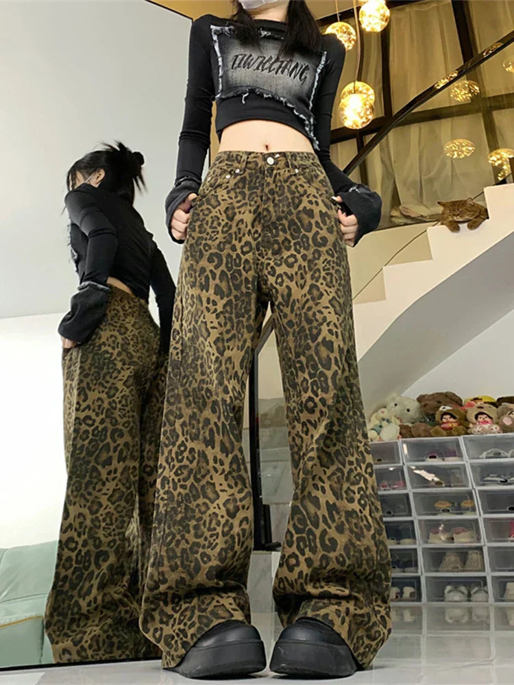 Damen Jeans Leopardenmuster Weit Bein