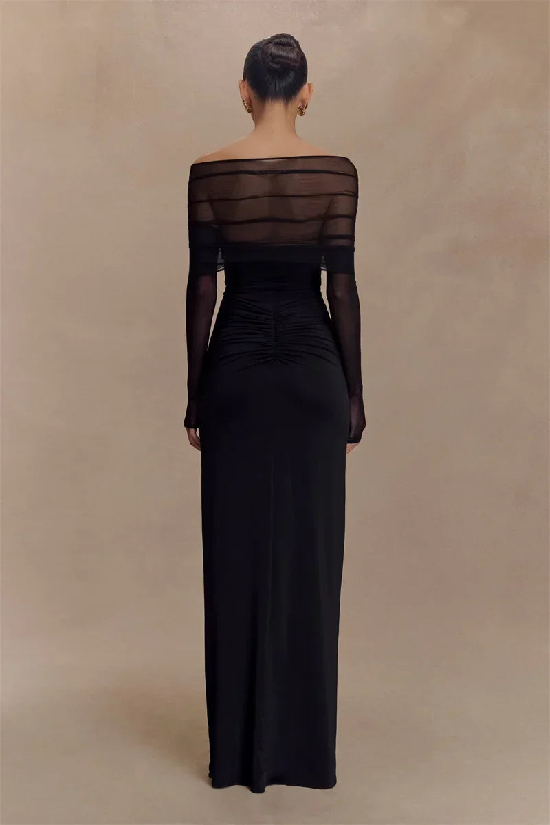 Damen Maxikleid Langärmelig Cut-Out Schulterfrei