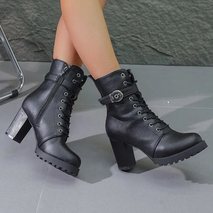 Damen Stiefeletten Schnürstiefeletten mit Schnalle Schwarz