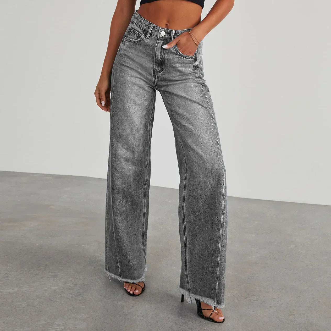 Damen Jeans Weitbein Grau Raw Hem Damenschuhe - BerlinGlamour