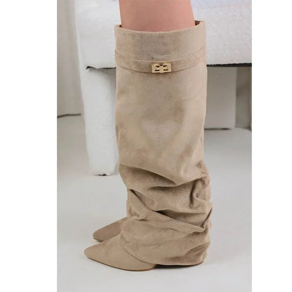 Faltstiefel Damen Niedriger Absatz Spitze Zehen - BerlinGlamour