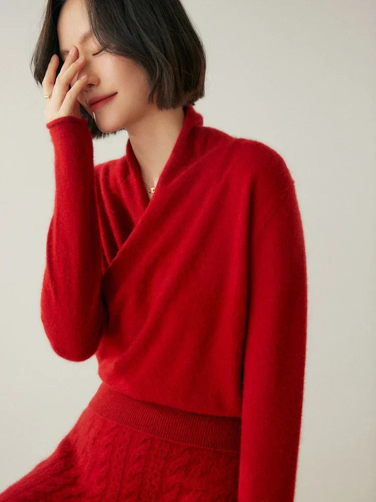 Damen Wickelpullover Elegantes Überkreuzdesign Modern