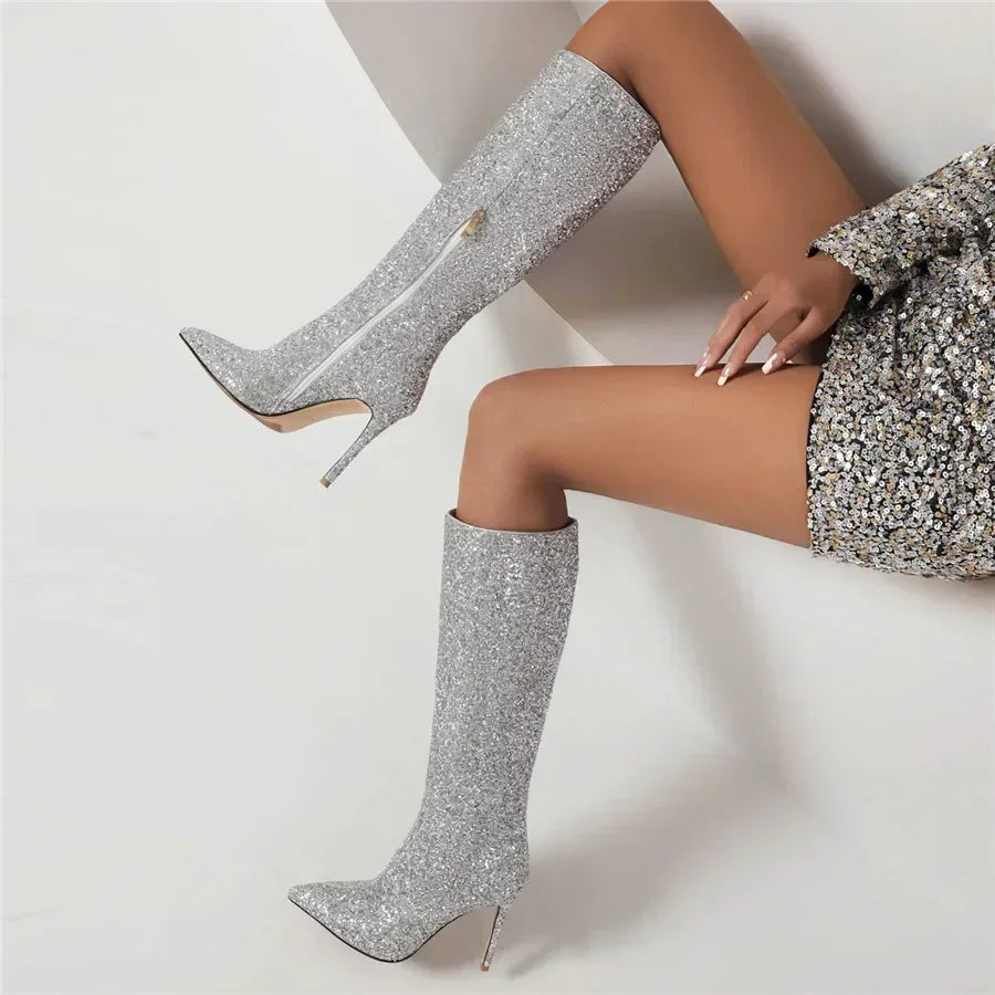 Glitzer Stiefel Kniehoch mit Stilettoabsatz und Spitze Damen - BerlinGlamour