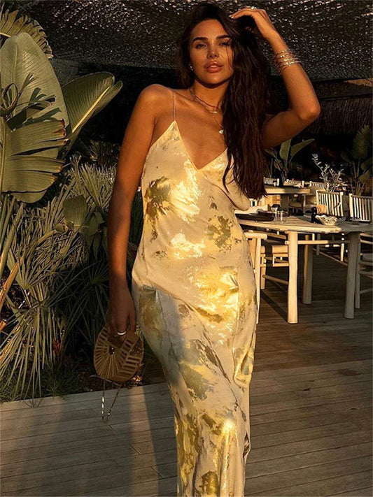 Goldenes Abendkleid Damen Spaghettiträger Elegant - BerlinGlamour