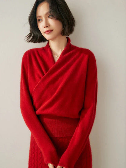 Damen Wickelpullover Elegantes Überkreuzdesign Modern